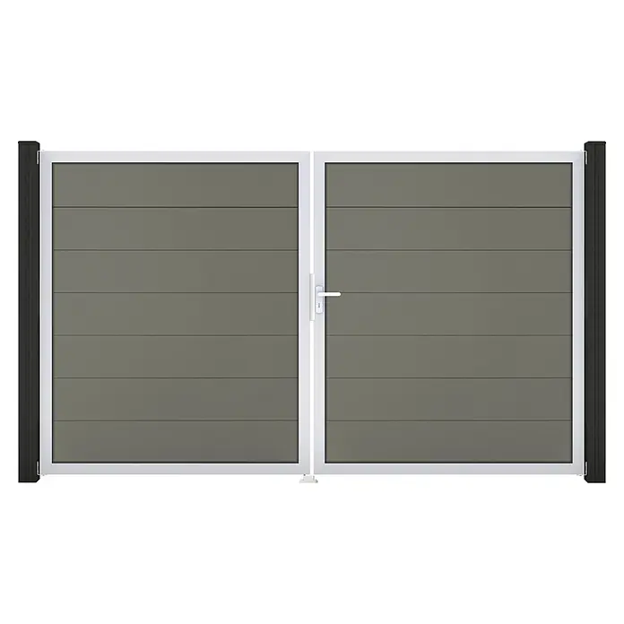 GroJa Solid Gartentor Grande - 300 x 180 cm, Grau (EV1), DIN Anschlag: Rechts - Doppeltor mit grauen Horizontalpaneelen, weißem Rahmen und schwarzen Pfosten.