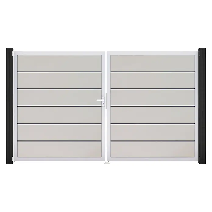 GroJa BasicLine Gartentor Premium - 300 x 180 cm, Weiß (EV1), Kunststoff, DIN Anschlag: Links - Hellgraues zweiflügeliges Tor mit horizontalen Lamellen, weißem Rahmen und dunklen Pfosten.