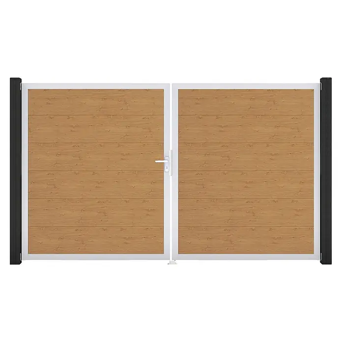 GroJa BasicLine Gartentor - 300 x 180 cm, Asteiche Natur (EV1), Kunststoff, DIN Anschlag: Links - Doppelflügeltor mit hellbraunen Holzoptik-Paneelen, weißem Rahmen und dunkelgrauen Pfosten.