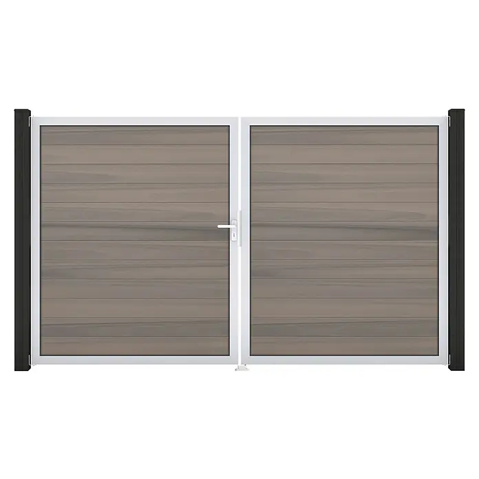 GroJa Solid Gartentor - 300 x 180 cm, Grau Bi-Color (EV1), DIN Anschlag: Links - Doppelflügeltor mit horizontalen Holzlamellen in weißem Rahmen, flankiert von dunklen Pfosten. Mit weißem Griff.
