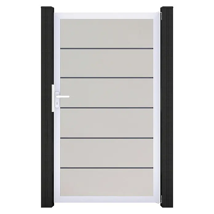 GroJa BasicLine Gartentor Premium - 100 x 180 cm, Weiß (EV1), Kunststoff - Modernes hellgraues Gartentor mit horizontalen Paneelen, weißem Rahmen, dunklen Seitenpfosten und weißem Griff.