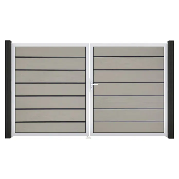GroJa Solid Gartentor Grande Premium - 300 x 180 cm, Beige (EV1), DIN Anschlag: Rechts - Modernes Doppeltor mit hellgrauen Querlatten, weißem Rahmen und schwarzen Pfosten. Mit weißem Griff.