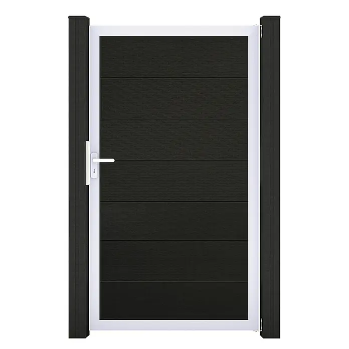 GroJa Solid Gartentor Grande - 100 x 180 cm, Schwarz (EV1) - Dunkelgraues Tor mit horizontalen Paneelen, weißem Rahmen und Griff.