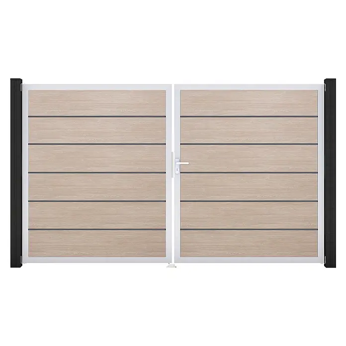 GroJa BasicLine Gartentor Premium - 300 x 180 cm, Shefflied Oak (EV1), Kunststoff, DIN Anschlag: Rechts - Zweiflügeliges Tor mit hellen Holzoptik-Lamellen, weißem Rahmen und dunkelgrauen Pfosten.