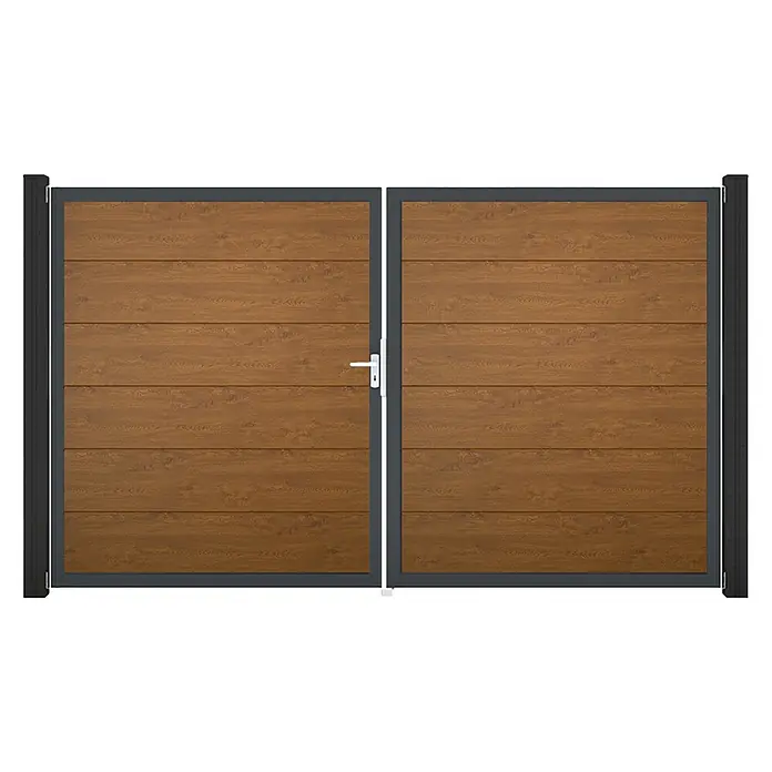 GroJa BasicLine Gartentor - 300 x 180 cm, Golden Oak (DB703), Kunststoff, DIN Anschlag: Links - Braunes Doppelflügeltor in Holzoptik mit horizontalen Paneelen, dunkelgrauem Rahmen und weißem Griff.