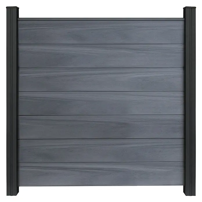 GroJa Solid Steckzaun Grande - 180 x 180 cm, Steingrau - Moderner grauer Verbundstoff-Sichtschutz mit schwarzen Pfosten.
