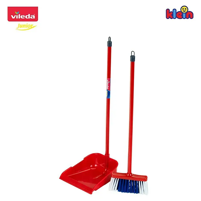 Klein Vileda Kinder-Reinigungs-Set - 2 -tlg. - Abbildung eines Vileda Junior Kehrsets mit roter Kehrschaufel und Besen mit blauen und weißen Borsten für Kinder.