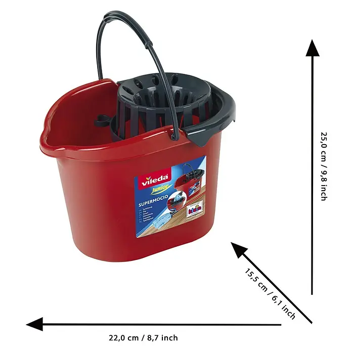 Klein Vileda Kinder-Wischmop-Set - 2 -tlg. - Vileda Junior Supermocio Putzeimer mit Auswringer. Die Maße sind 22,0 x 25,0 x 15,5 cm.