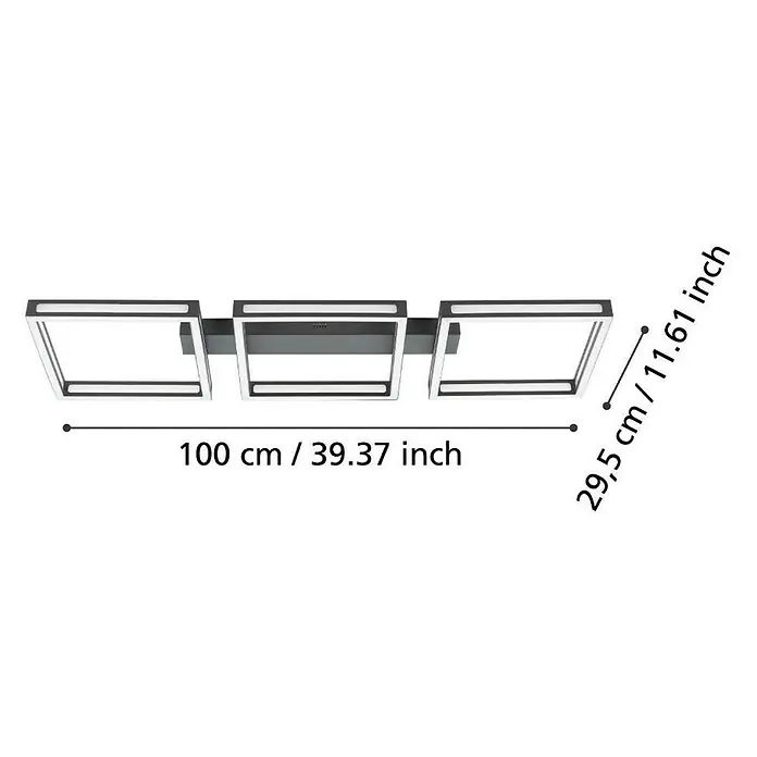 Eglo LED-Deckenleuchte ALTAFLOR - 33,6 W, L x B x H: 100 x 31,5 x 70 cm, Schwarz, Warmweiß - Diese Abbildung zeigt eine moderne LED-Deckenleuchte mit drei quadratischen Leuchtenkörpern in Silberoptik. Sie bietet helle und stilvolle Beleuchtung.