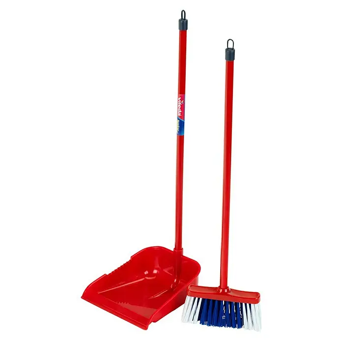 Klein Vileda Kinder-Reinigungs-Set - 2 -tlg. - Ein rotes Kehrset von Vileda, bestehend aus einer Kehrschaufel und einem Handfeger mit blauen und weißen Borsten. Ideal für Kinder!