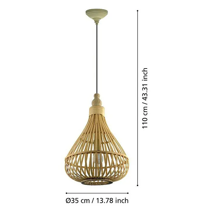 Eglo Pendelleuchte rund Amsfield - Ø x H: 350 mm x 110 cm - Nahaufnahme einer Pendelleuchte aus Rattan mit den Maßen 110 cm Höhe und 35 cm Durchmesser. Das Licht ist aus und es hängt von der Decke.
