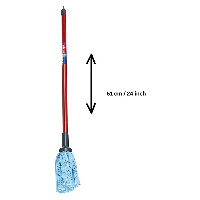 Klein Vileda Kinder-Wischmop-Set - 2 -tlg. - Abbildung eines Vileda Junior-Wischmopps mit rotem Griff und blauem Moppkopf, der 61 cm/24 Zoll lang ist.