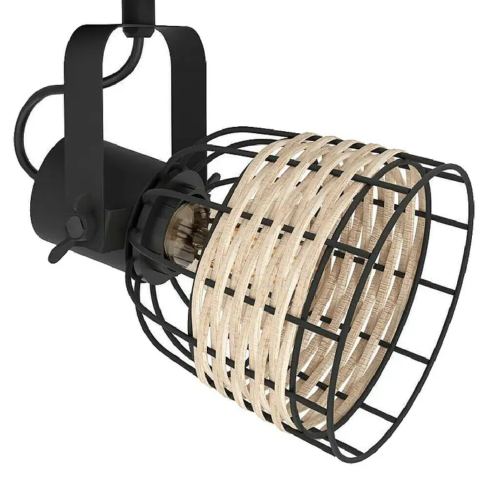 Eglo Anwick Deckenstrahler - 120 W, L x B x H: 67 x 14 x 24 cm, 3 Stk. - Nahaufnahme einer schwarzen Deckenleuchte mit geflochtenem Lampenschirm, die ein warmes, einladendes Licht ausstrahlt.