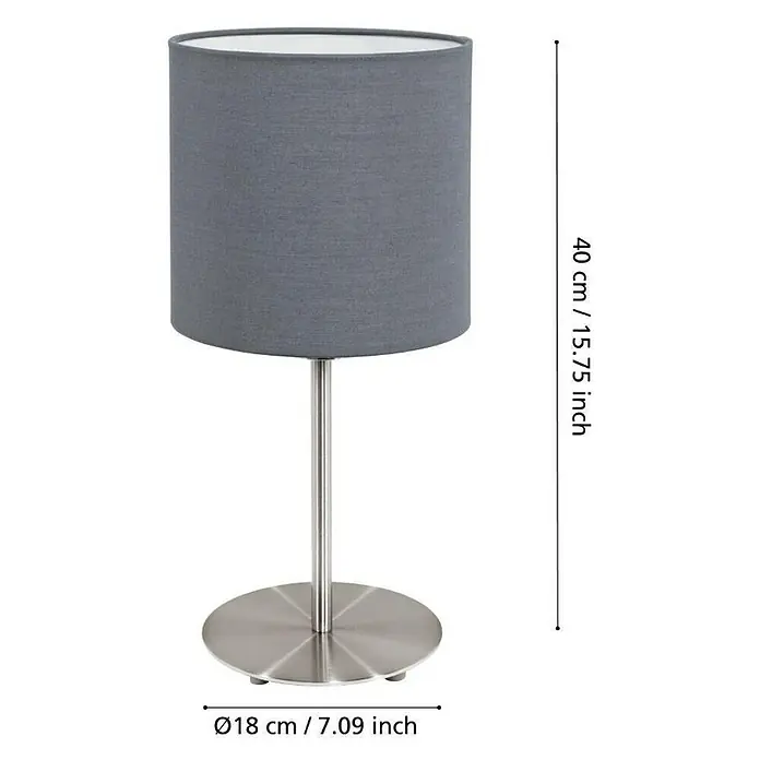 Eglo Pasteri Tischleuchte rund - 60 W, Ø x H: 180 mm x 40 cm, Nickel matt, Grau matt, E27 - Graue Tischleuchte mit silbernem Fuß. Die Lampe ist 40 cm hoch und der Fuß hat einen Durchmesser von 18 cm.