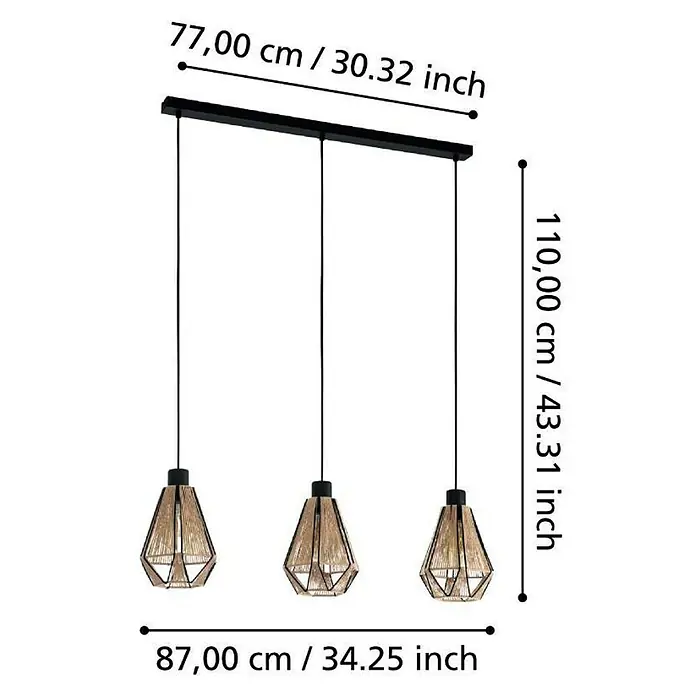 Eglo Pendelleuchte ADWICKLE - 40 W, L x B x H: 87 x 14,5 x 11 cm, Schwarz, E27, 3 Stk. - Abbildung einer Hängelampe mit drei Lampenschirmen in geometrischem Design, ideal für moderne Wohnräume.