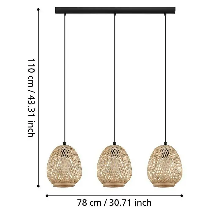 Eglo Dembleby Pendelleuchte - Höhe: 110 cm, 120 W - Hängeleuchte mit drei Lampenschirmen aus Rattan, die von einer schwarzen Stange hängen. Die Lampe ist 110 cm hoch und 78 cm breit.