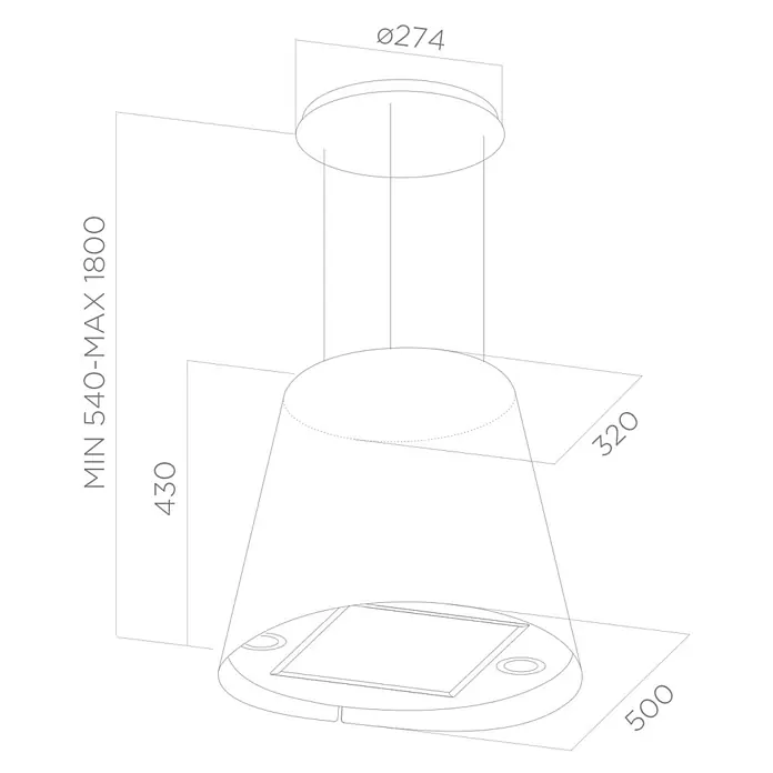 Turboair Campana para isla Gioia - Ancho: 20 cm, Máx. Potencia del ventilador en modo extracción: 580 m³/h, Negro - Dibujo técnico de la lámpara colgante con dimensiones. La lámpara moderna es muy llamativa.