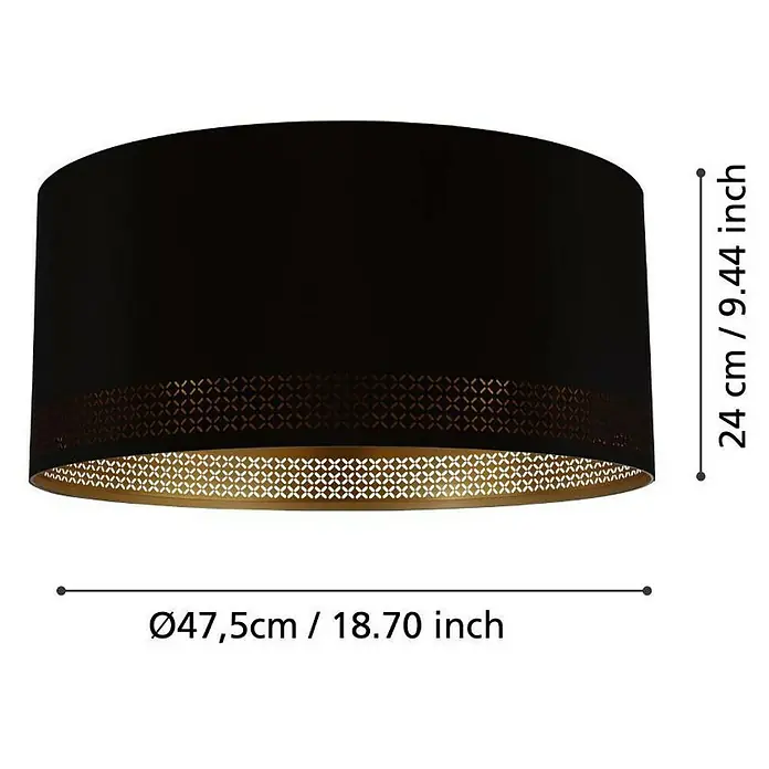 Eglo Esteperra Deckenleuchte rund - 40 W, Ø x H: 475 mm x 24 cm, Schwarz, Gold, Schwarz, E27 - Schwarze Deckenleuchte mit dekorativem Goldmuster, Durchmesser 47,5 cm und Höhe 24 cm. Elegante Beleuchtung für jeden Raum.