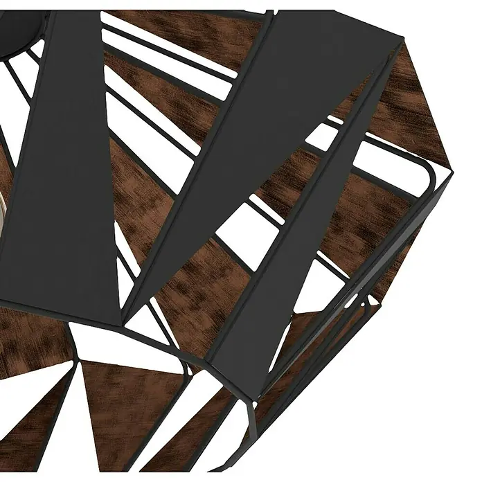 Eglo Deckenleuchte rund - 60 W, Ø x H: 47 mm x 23,5 cm, Schwarz, E27 - Nahaufnahme einer dekorativen Lampe mit einem geometrischen Muster aus dunklem Holz und schwarzen Metallelementen, die ein modernes Design zeigt.