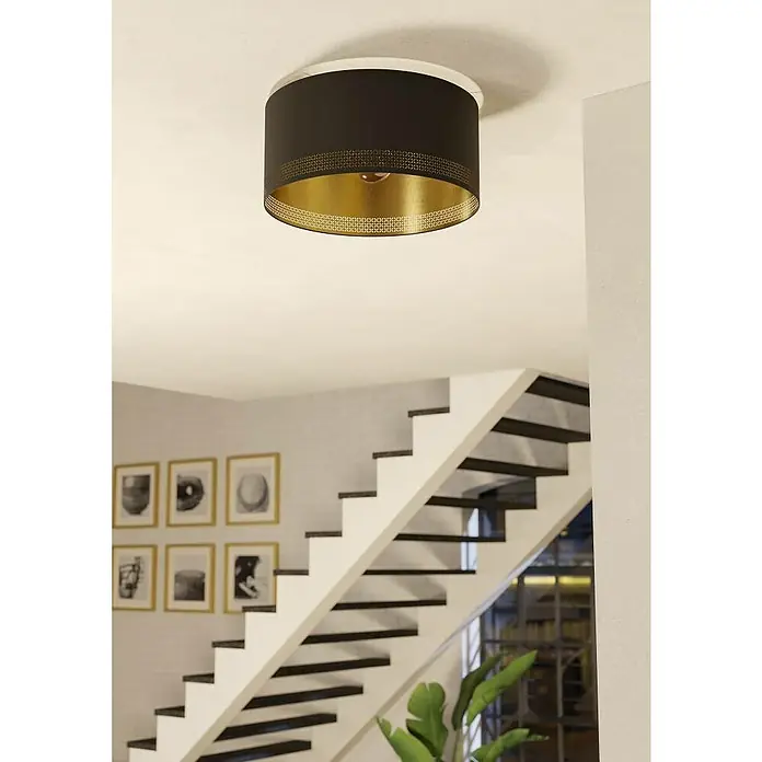 Eglo Esteperra Deckenleuchte rund - 40 W, Ø x H: 475 mm x 24 cm, Schwarz, Gold, Schwarz, E27 - Elegante Deckenleuchte mit schwarzem Schirm und goldenem Innenleben, die jeden Raum stilvoll erhellt. Blickfang für Ihr Zuhause.