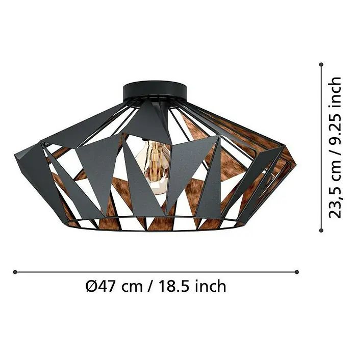 Eglo Deckenleuchte rund - 60 W, Ø x H: 47 mm x 23,5 cm, Schwarz, E27 - Moderne Deckenleuchte mit geometrischem Design in Schwarz und Holzoptik, Durchmesser 47 cm und Höhe 23,5 cm.