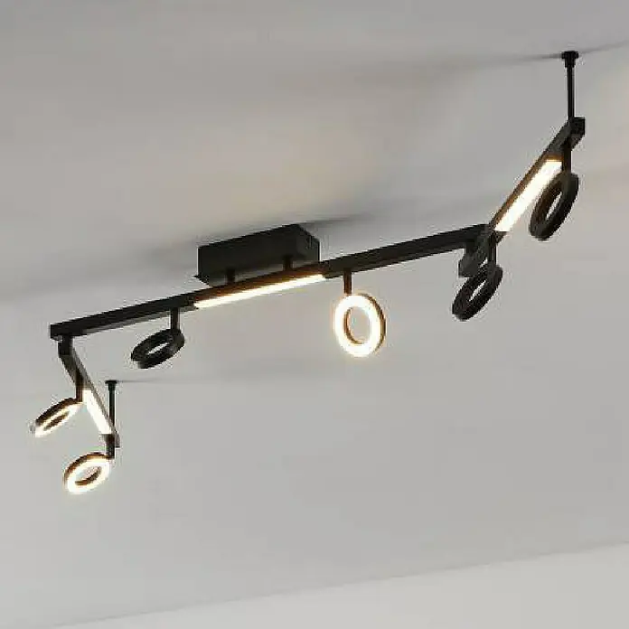 Eglo Cardillio 2 LED-Deckenstrahler - 29,1 W, L x B x H: 158,5 x 8,5 x 17,5 cm, Schwarz, Warmweiß, 9 Stk. - Moderne schwarze Deckenleuchte mit LED-Ringen und linearer Beleuchtung, die ein stilvolles Ambiente erzeugt.