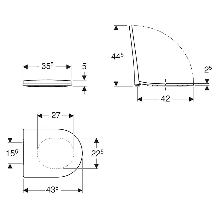 Geberit Acanto WC-Sitz - Duroplast, Weiß, Mit Absenkautomatik - Bemaßte technische Zeichnung eines Toilettensitzes mit Draufsicht und Seitenansichten.
