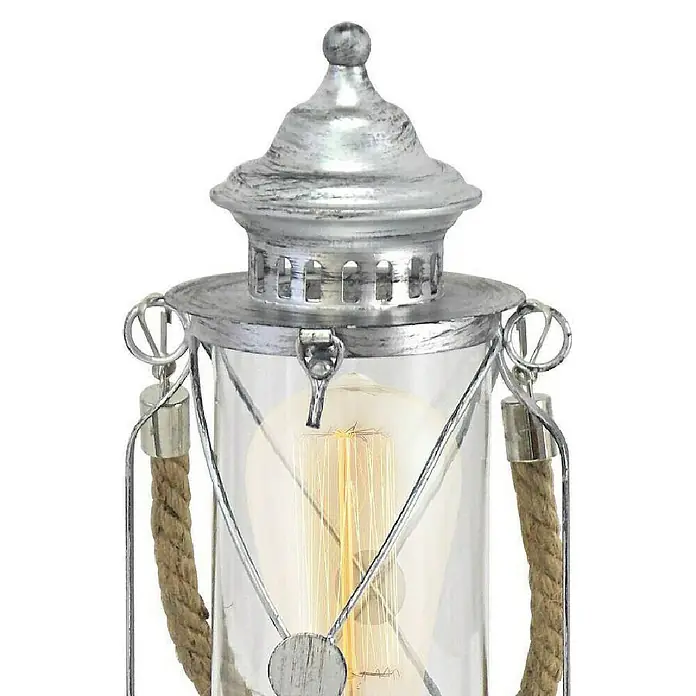 Eglo Tischleuchte Bradford - 60 W, Silber, Ø x H: 14 x 33 cm - Nahaufnahme einer dekorativen Laterne mit Glühbirne, Seildetails und antikem Silberfinish.