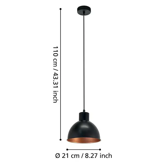 Eglo Pendelleuchte rund Truro - Höhe: 110 cm, Durchmesser: 210 mm - Detailaufnahme einer schwarzen Pendelleuchte mit Kupferakzenten und Größenangaben.