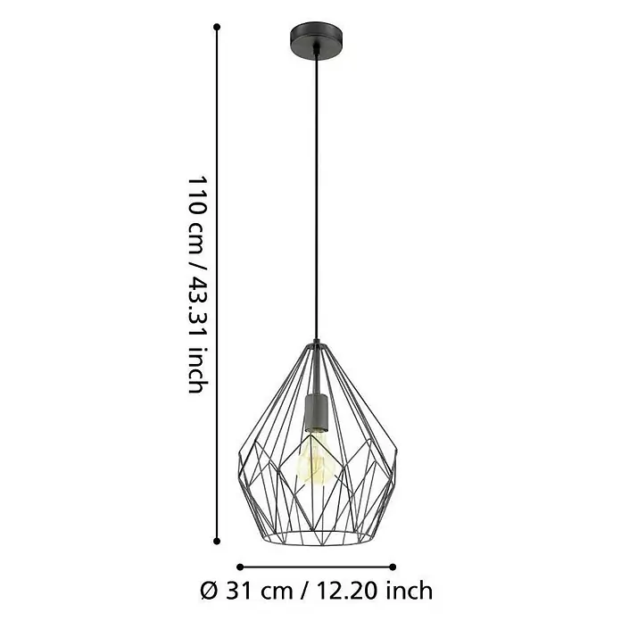Eglo Pendelleuchte rund Carlton - Höhe: 110 cm, Schwarz - Elegante, schwarze Hängeleuchte im geometrischen Design. Die Lampe besticht durch ihr modernes Aussehen und die dekorative Glühbirne im Inneren.