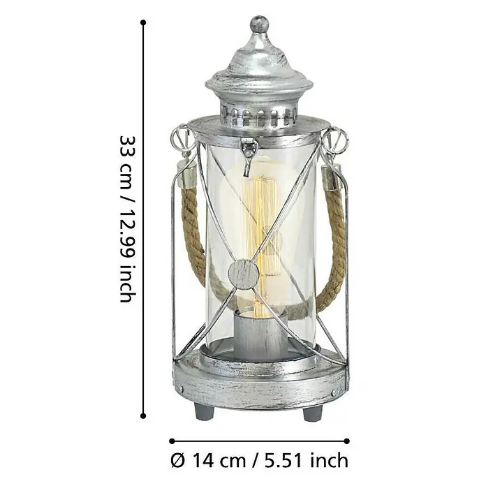 Eglo Tischleuchte Bradford - 60 W, Silber, Ø x H: 14 x 33 cm - Dekorative Laterne mit Vintage-Glühbirne, silberfarben, Höhe 33 cm.