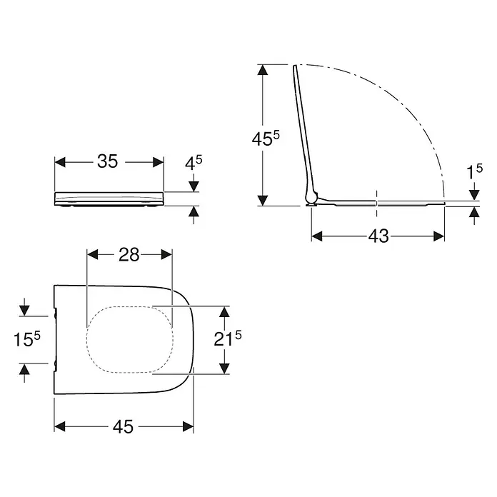 Geberit Smyle WC-Sitz Slim Sandwich - Duroplast, Weiß, Mit Absenkautomatik - Technische Zeichnung eines Toilettensitzes mit Bemaßungen. Abgebildet sind Draufsicht, Seitenansicht und Ansicht von oben zur Illustration.