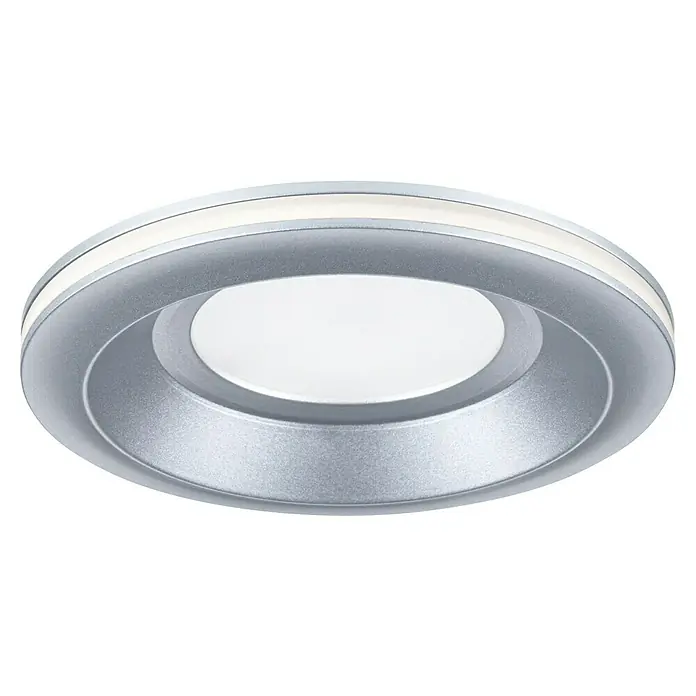 Paulmann Einbauleuchte Sormus - 6,5 W, Ø x H: 10 x 3,3 cm, Chrom matt, 1 Stk., Warmweiß - Nahaufnahme einer modernen, runden LED-Deckenleuchte mit silbernem Rahmen und zentralem Diffusor für gleichmäßige Ausleuchtung.