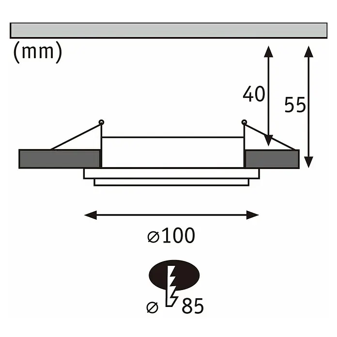 Paulmann Einbauleuchte Sormus - 6,5 W, Ø x H: 10 x 3,3 cm, Weiß, 1 Stk., Warmweiß - Produktbild mit Maßangaben: Durchmesser 100mm, Einbautiefe 55mm, Höhe 40mm, Lochausschnitt 85mm. Technische Zeichnung für Einbauleuchte.