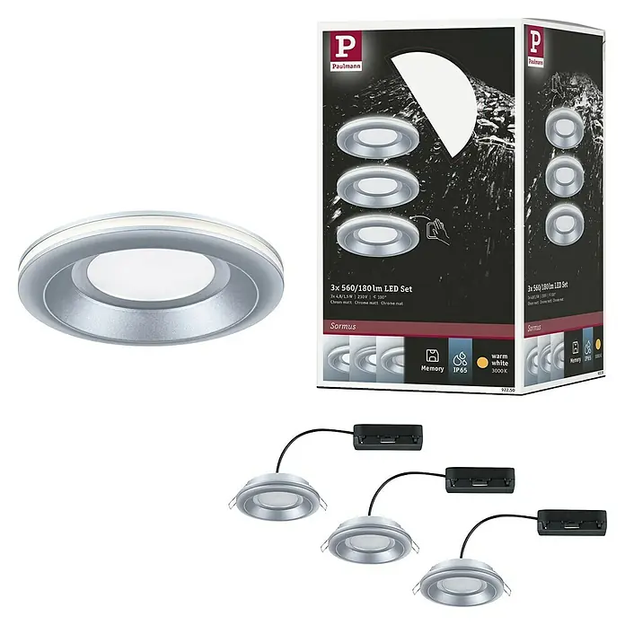 Paulmann Einbauleuchten-Set Sormus - 19,5 W, Ø x H: 10 x 3,3 cm, Chrom matt, 3 Stk., Warmweiß - Abgebildet ist das Paulmann Sormus LED-Set mit drei Chrom-matten Einbauleuchten, ideal für stimmungsvolle Beleuchtung im Innenbereich.