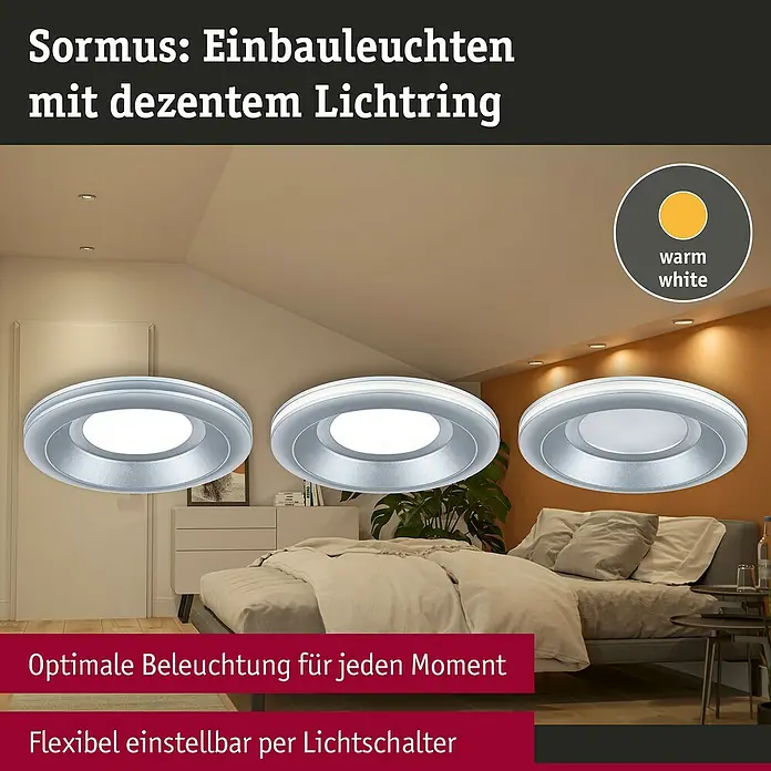 Paulmann Einbauleuchte Sormus - 6,5 W, Ø x H: 10 x 3,3 cm, Chrom matt, 1 Stk., Warmweiß - Sormus Einbauleuchten: Elegante Deckenleuchten mit dezentem Lichtring für eine optimale Beleuchtung in jedem Moment. Flexibel einstellbar.