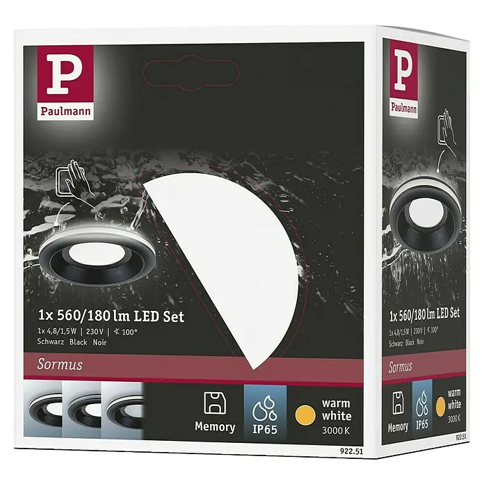 Paulmann Foco empotrable Sormus - 6,5 W, Ø x Al: 10 x 3,3 cm, Negro, 1 ud., Blanco cálido - Set LED Paulmann Sormus 1x: luminaria redonda negra con luz blanca cálida 3000K, IP65 y función de memoria.