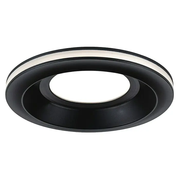 Paulmann Einbauleuchte Sormus - 6,5 W, Ø x H: 10 x 3,3 cm, Schwarz, 1 Stk., Warmweiß - Nahaufnahme einer modernen, schwarzen Deckenleuchte mit einem weißen Akzentring, ideal für stilvolle Innenräume.