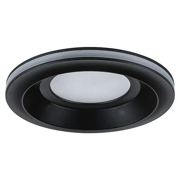 Paulmann Einbauleuchte Sormus - 6,5 W, Ø x H: 10 x 3,3 cm, Schwarz, 1 Stk., Warmweiß - Nahaufnahme eines schwarzen LED-Deckeneinbaustrahlers mit einem eleganten Design und einem hellen, weißen Lichtaustritt.