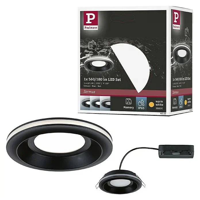 Paulmann Einbauleuchte Sormus - 6,5 W, Ø x H: 10 x 3,3 cm, Schwarz, 1 Stk., Warmweiß - Abbildung eines Paulmann Sormus LED-Sets mit einem schwarzen, runden Design, das warmweißes Licht spendet und sich ideal für den Innenbereich eignet.