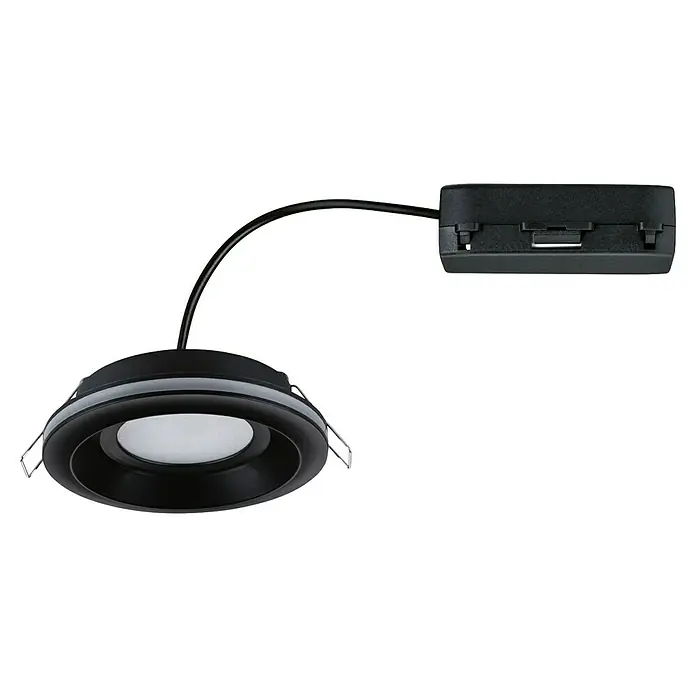 Paulmann Einbauleuchte Sormus - 6,5 W, Ø x H: 10 x 3,3 cm, Schwarz, 1 Stk., Warmweiß - Diese Aufnahme zeigt eine schwarze LED-Einbauleuchte mit einem minimalistischen Design, ideal für moderne Innenräume.