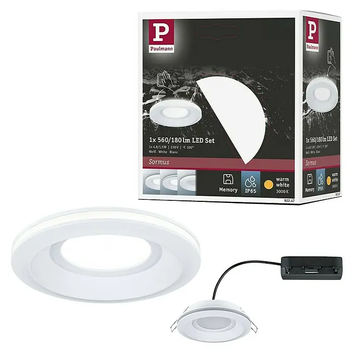 Paulmann Einbauleuchte Sormus - 6,5 W, Ø x H: 10 x 3,3 cm, Weiß, 1 Stk., Warmweiß - Produktansicht des Paulmann Sormus LED-Einbaustrahler-Sets, ideal für stimmungsvolle Beleuchtung mit warmweißem Licht.