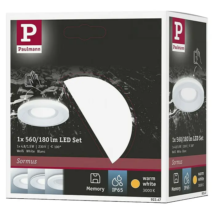 Paulmann Foco empotrable Sormus - 6,5 W, Ø x Al: 10 x 3,3 cm, Blanco, 1 ud., Blanco cálido - Embalaje del producto del conjunto LED Paulmann Sormus con 560/180 lúmenes, luz blanca cálida y protección IP65 para uso exterior.