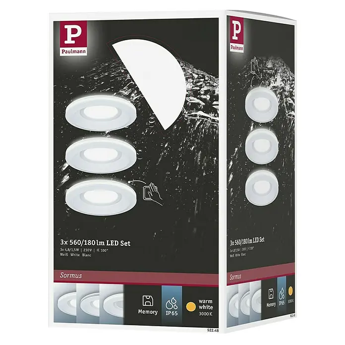 Paulmann Set de focos empotrables Sormus - 19,5 W, Ø x Al: 10 x 3,3 cm, Blanco, 3 ud., Blanco cálido - Paquete de 3 focos LED empotrables Paulmann Sormus de 560/180 lúmenes, blanco cálido (3000K), protección IP65 y función de memoria.