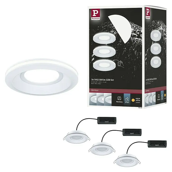 Paulmann Einbauleuchten-Set Sormus - 19,5 W, Ø x H: 10 x 3,3 cm, Weiß, 3 Stk., Warmweiß - Produktaufnahme des Paulmann Sormus 3er LED Set mit 560/180 Lumen, ideal zur Akzentbeleuchtung und energieeffizienten Beleuchtung.