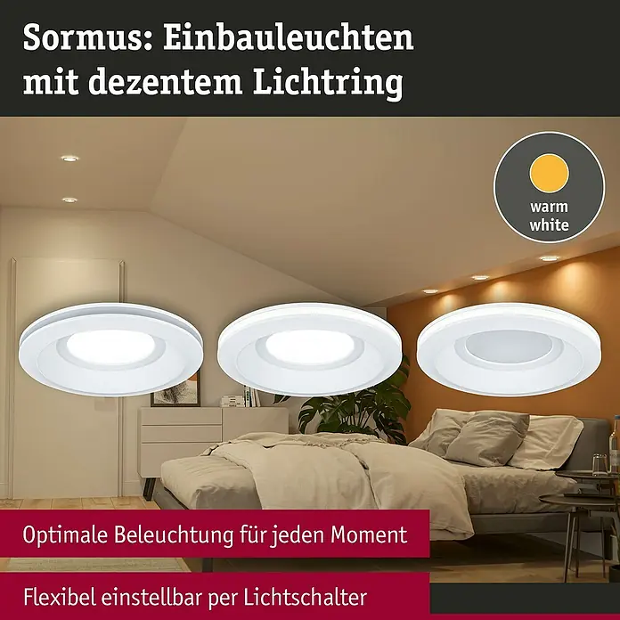 Paulmann Einbauleuchte Sormus - 6,5 W, Ø x H: 10 x 3,3 cm, Weiß, 1 Stk., Warmweiß - Sormus Einbauleuchten mit dezentem Lichtring in Weiß und warmweiß für eine optimale Beleuchtung, flexibel einstellbar per Lichtschalter.