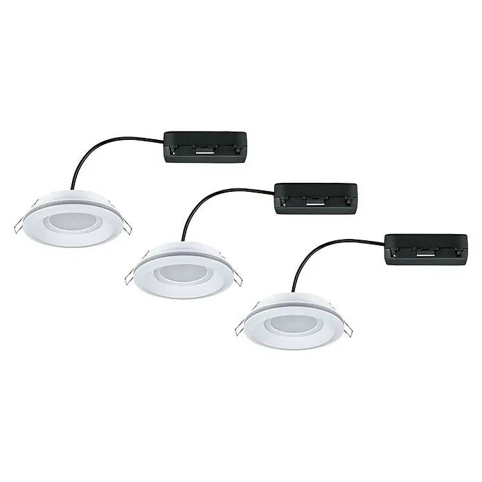 Paulmann Einbauleuchten-Set Sormus - 19,5 W, Ø x H: 10 x 3,3 cm, Weiß, 3 Stk., Warmweiß - Drei LED-Einbaustrahler in Weiß sind mit schwarzen Anschlussboxen verbunden und präsentieren eine moderne Beleuchtungslösung.