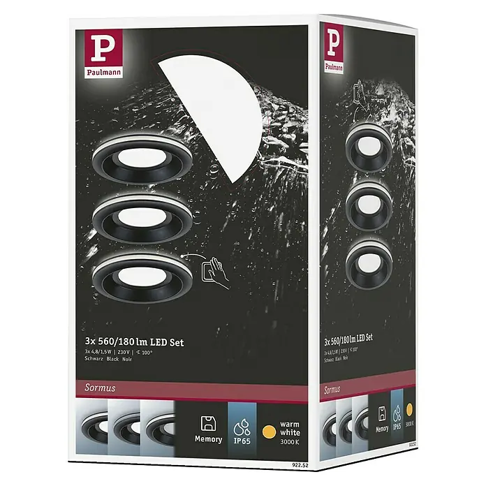Paulmann Set de focos empotrables Sormus - 19,5 W, Ø x Al: 10 x 3,3 cm, Negro, 3 ud., Blanco cálido - Imagen de un paquete de 3 luces LED Paulmann Sormus, ideal para una iluminación elegante.