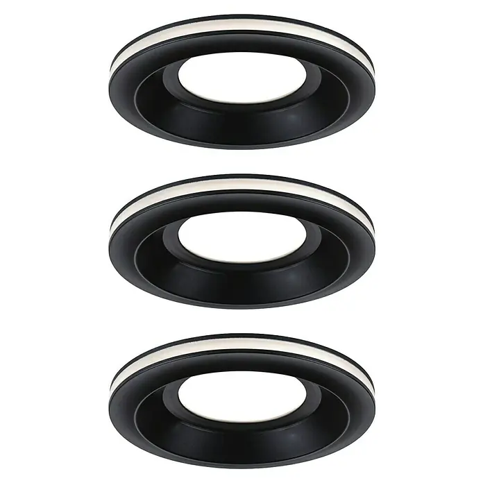 Paulmann Einbauleuchten-Set Sormus - 19,5 W, Ø x H: 10 x 3,3 cm, Schwarz, 3 Stk., Warmweiß - Nahaufnahme von drei modernen, runden LED-Deckenleuchten mit schwarzem Rand und weißem Licht.
