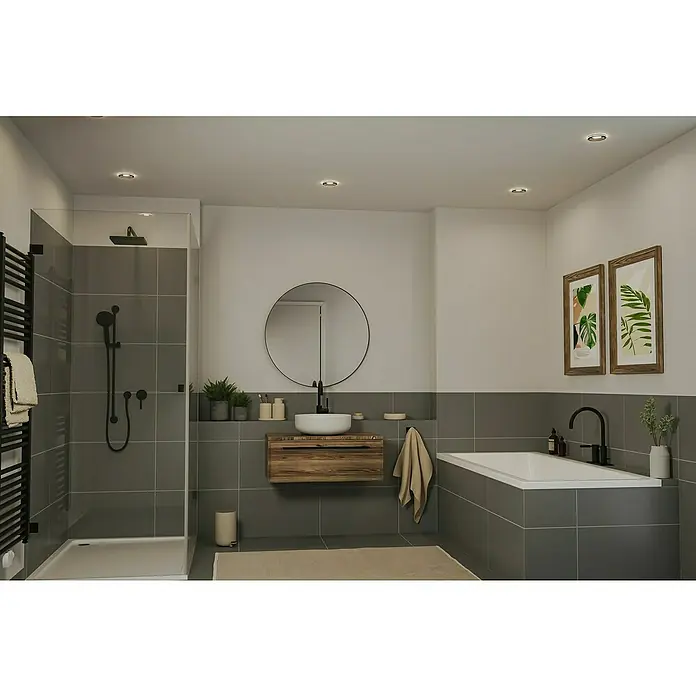 Paulmann Einbauleuchte Sormus - 6,5 W, Ø x H: 10 x 3,3 cm, Schwarz, 1 Stk., Warmweiß - Ein modernes Badezimmer mit ebenerdiger Dusche, Waschtisch und Badewanne, die ein harmonisches Gesamtbild ergeben.